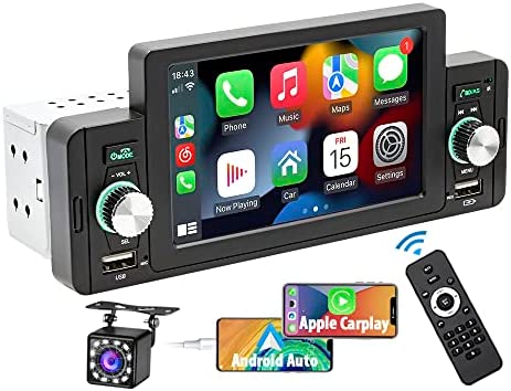 51IcWBBJPzL. AC  - 5 Inch Single Din Car Stereo Built-in Apple CarPlay/Android Auto/Mirror-Link, Touchscreen Radio Receiver with Bluetooth 5.1 Handsfree and 12LED HD Backup Camera, FM USB Audio Video Player