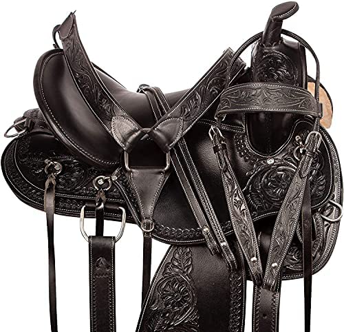 51UAzZNP ZL. AC  - Endurance Saddle Horse TACK Western Leather Tooled Comfy Pleasure Trail Riding Saddle with Matching Headstall Reins and Breast Collar (Leather, 11.5 inches seat)