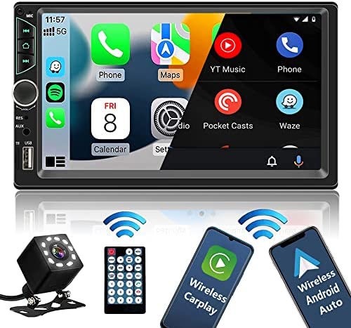 Double Din Car Stereo with Wireless Apple Carplay,Wireless Android Auto,7 inch HD Touch Screen Car Radio with Bluetooth, Car Audio Receiver with Backup Camera,Mirror Link,FM/USB/AUX/TF/Subwoofer