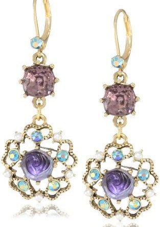 1685932857 41OJtw85gDL. AC  313x445 - Betsey Johnson Carved Flower Medallion & Crystal Gem Drop Earrings,Purple