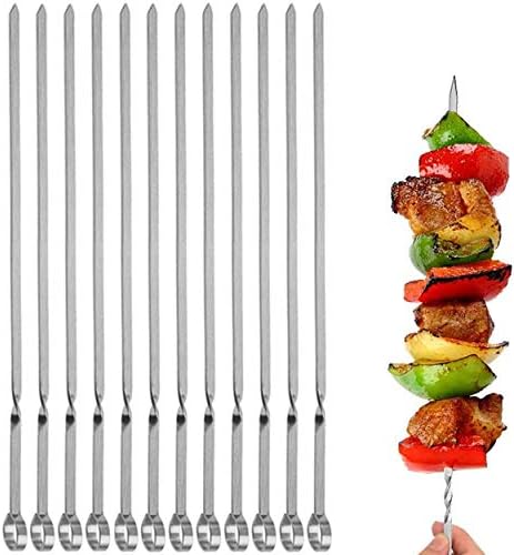 12PCS Kabob Skewers Flat Metal Stainless Steel BBQ Barbecue Skewer 14″ Anti-Roll Heavy Duty Shish Kebob Sticks Wide Reusable Grilling Skewers Set for Meat Shrimp Chicken Vegetable Kebab Fork Sausage…