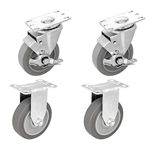 NINOSO 4″ Caster Wheels, Heavy Duty Rubber Rigid Casters, Industrial Casters Set of 4 with Brake Wheels for Cart Furniture Workbench (2 Swivel w/Brakes & 2 Rigid)