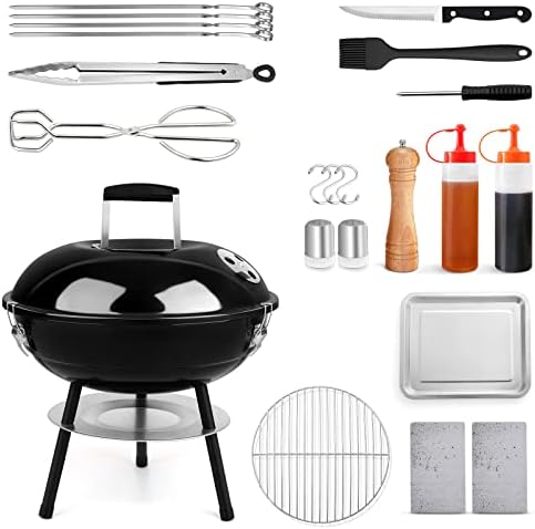 HaSteeL 14 Inch Charcoal Grill, Portable BBQ Grill Set of 22, Small Outdoor Camping Grill, Great for Backyard Garden Picnic Fish Barbecue, Black Enamel Surface, Replacement Grill Grate & Screwdriver