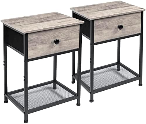 41 eO6spOL. AC  - AMHANCIBLE Nightstands Set of 2, Small End Tables Living Room with Drawer, Industrial Slim Side Tables with Shelf, Night Stands for Bedroom, Wood Metal Accent Furniture, Greige HET03SDGY