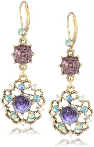 41OJtw85gDL. AC  - Betsey Johnson Carved Flower Medallion & Crystal Gem Drop Earrings,Purple