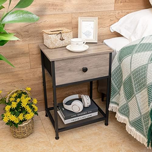 51QD8c9 GuL. AC  - AMHANCIBLE Nightstands Set of 2, Small End Tables Living Room with Drawer, Industrial Slim Side Tables with Shelf, Night Stands for Bedroom, Wood Metal Accent Furniture, Greige HET03SDGY