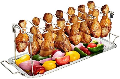 51Tmlj1NLML. AC  - G.a HOMEFAVOR Chicken Leg Wing Rack 14 Slots Stainless Steel Metal Roaster Stand with Drip Tray for Smoker Grill or Oven, Dishwasher Safe, Non-Stick, Great for BBQ, Picnic