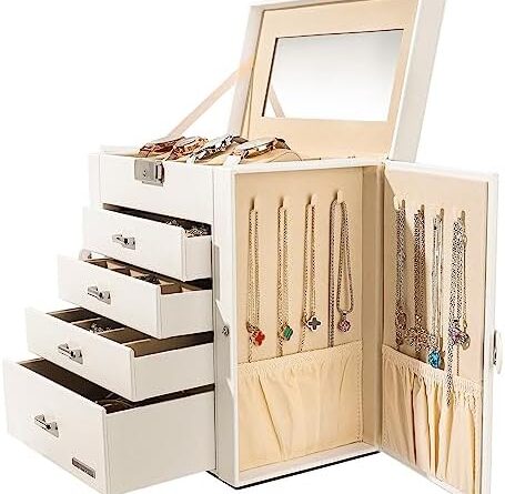 1689786269 51H7F4adrEL. AC  455x445 - Homde Synthetic Leather Huge Jewelry Box Mirrored Watch Organizer Necklace Ring Earring Storage Lockable Gift Case (White)