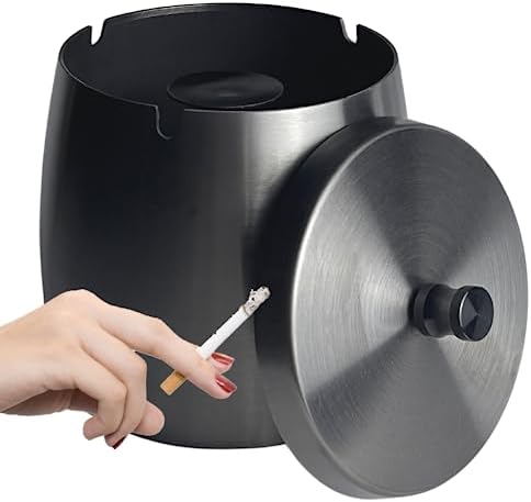 WUSIFIE Ash Tray, Large Outdoor Ashtray with Lid – Ashtray for Outside Patio, Stainless Steel Windproof Smokeless Ash Tray for Balcony, Ashtrays for Smokers, Cigar Ashtray, Home Office Decoration