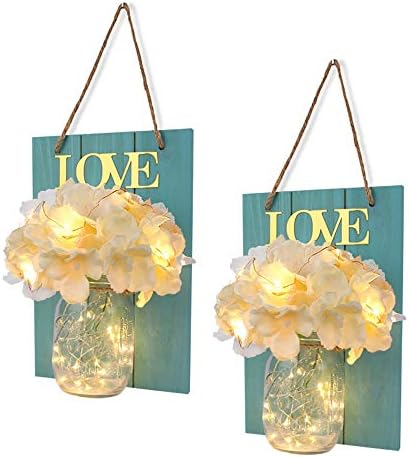 FineUsea Set of 2 Mason Jars Sconce, Rustic Home Decor Wall Wood Art Sconces Hydrangea Flowers LED Fairy Lights for Country House Office Dining Room Decor (Blue)