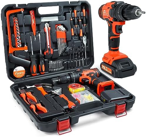 108 Pcs Cordless Drill Set, 531in-lbs MAX 21V Electric Power Drill Driver Kits, 3/8”Keyless Chuck 2 Variable Speed Drill with Faster Charger Hammer LED Light Tool Box Set for Home Repair Tool Kit