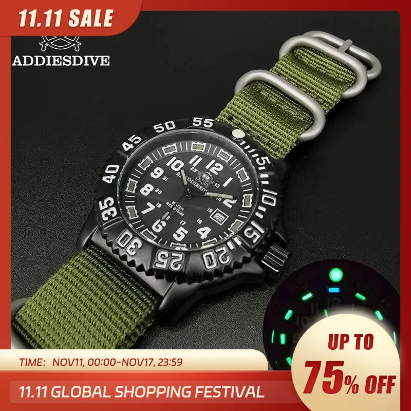 ADDIESDIVE Fashion Men’s Analog Watch 50m Waterproof Luminous Tube Nylon Sports Men Military Wristwatches Quartz Watch for Men