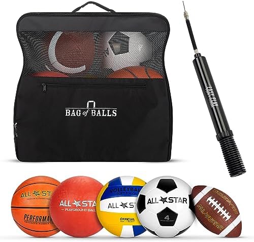 Complete Sports Ball Set – Outdoor Sports Balls in Carry Bag – Sport Balls Kit with Pump for Adults and Kids – Branded Soccer Ball, Basketball, Volleyball, American Football, Dodgeball Playground Ball…