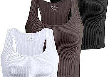 OQQ Women’s 3 Piece Crop Tank Tops Ribbed Seamless Workout Sleeveless Shirts Racerback Crop Tops