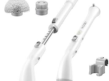 HiCOZY Electric Spin Scrubber HS1, Cordless Shower Scrubber with 4 Replaceable Brush Heads Adjustable Extension Handle, Power Cleaning Brush for Bathroom, Floor, Tile, Kitchen White