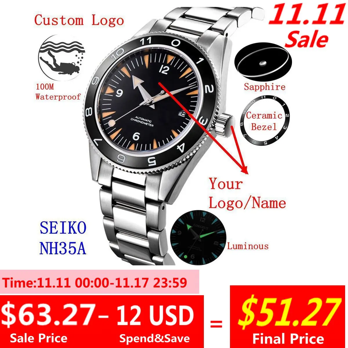 Custom Logo Ceramic Bezel 100 Waterproof Luxury Corgeut Watch Men 41mm Sapphire Mechanical Clock Diver NH35 Automatic Wristwatch