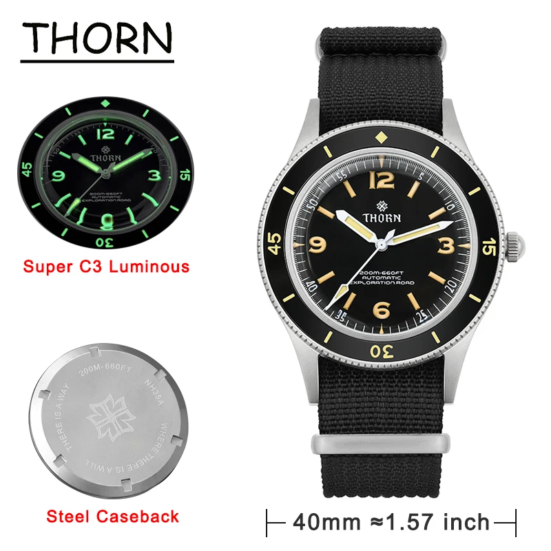 THORN 50-Fathoms Watch 40mm NH35 Movement Mechanical 316L Steel Mineral Crystal 200M Watchproof  C3 Super Luminous Vintage Watch