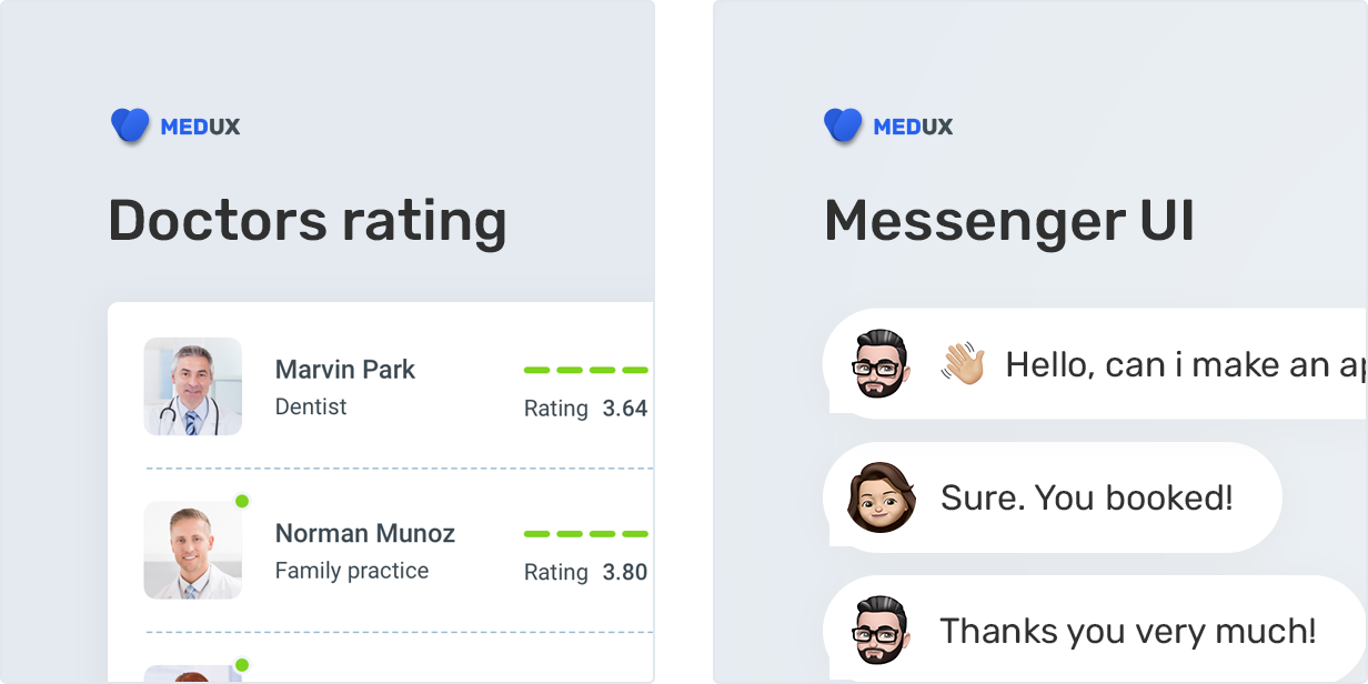 Doctors rating UI and Messenger UI