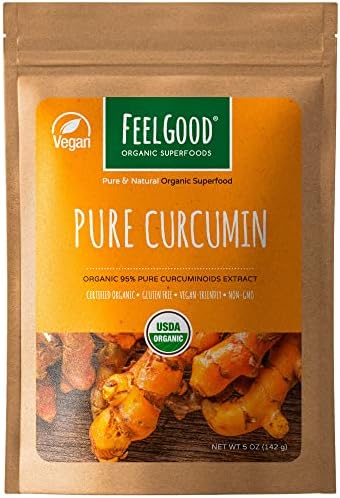 FeelGood Organic Superfoods Pure Curcumin Powder, Organic, Non-GMO, Vegan from Bulk Ground Turmeric Root from India, Curcuma Longa Joint Supplement, 5 oz