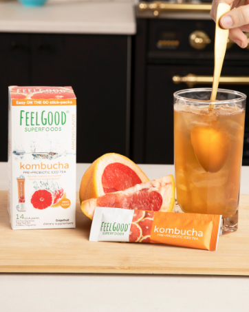 feelgood superfoods kombucha iced tea pre probiotic packets pomegranate mixed berry grapefruit