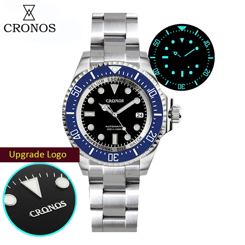 Cronos Automatic Diving Watch Stainless Steel 2000 Meters Water Resistance Professional Diver L6009M Wrist Man Watch