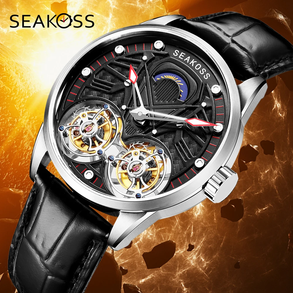 SEAKOSS Super Men’s Real Dual Tourbillon Watches 2023 Limited Edition Luminous Hands Manual Winding Pilots Men Mechanical Clocks