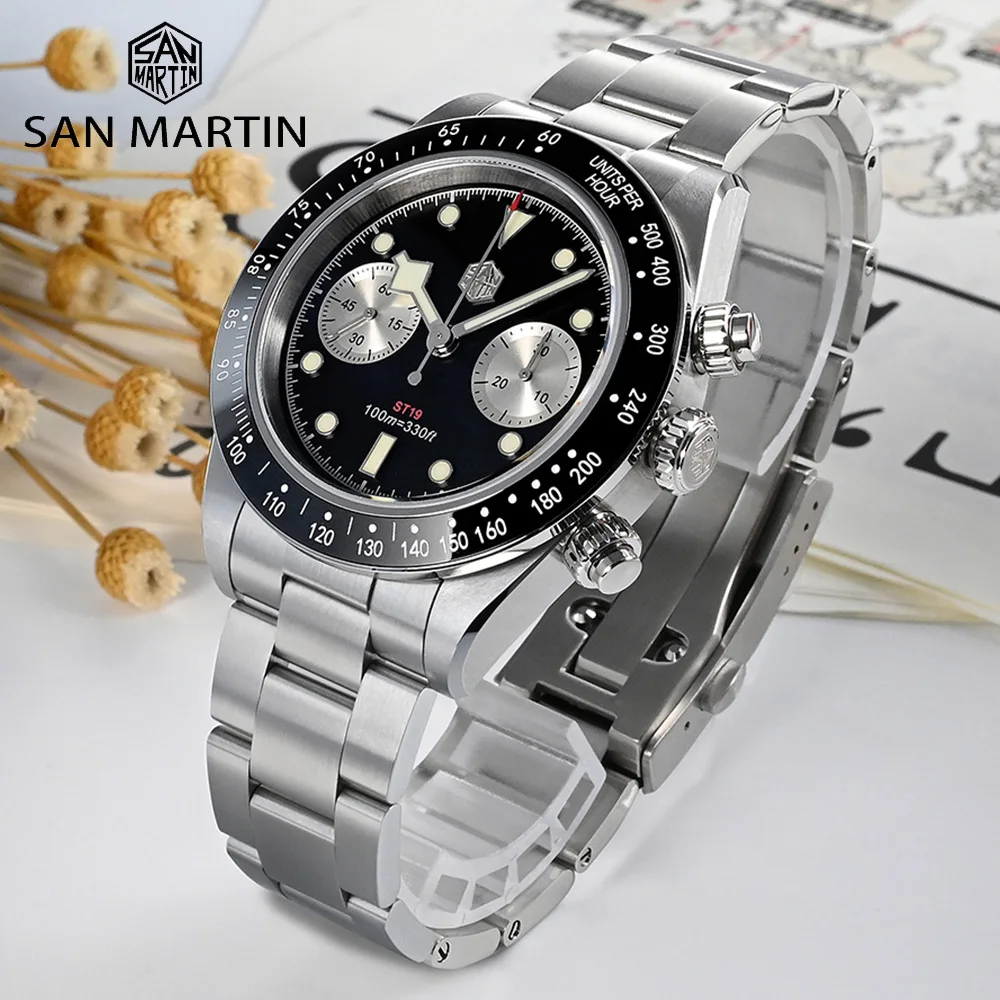 San Martin Top Men Watch 40mm Panda BB Chronograph Sports Fashion Seagull ST1901 Automatic Mechanical Sapphire 10 ATM Dive BGW9