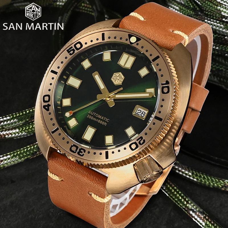 San Martin V4 Retro Diver Men Watch CUSN8 Bronze 200M Waterproof Leather Strap Sapphire NH35 Automatic Mechanical Wrist Watch