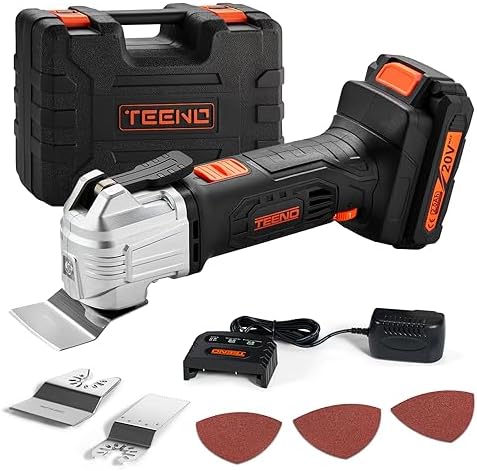 TEENO Oscillating Tool, Cordless Oscillating Multi-Tool with 20V 2Ah Lithium-Ion, 5000-18000 OPM, 6 Variable Speed, 3.2° Oscillation Angle, for Sawing, Cutting, Sanding (One Battery)