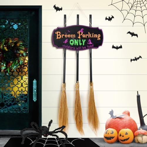 Bnesi Halloween Creative Wall Decorations, Broom Parking Sign with 3 Removable and Placeable Witches Brooms, Outdoor Front Porch or Indoor Living Room Wall Halloween Decoration (Halloween)