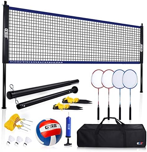 GSE Portable Badminton Volleyball Combo Set for Backyard Lawn/Beach with Volleyball/Badminton Net, PU Volleyball with Pump, 4 Badminton Rackets, 3 Shuttlecocks and Carrying Bag