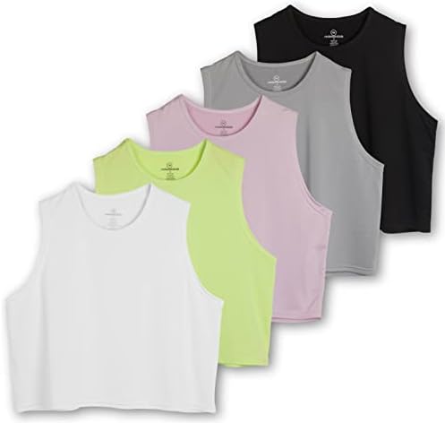 Real Essentials 5 Pack: Women’s Dry Fit Crop Summer Tank Top – Gym Yoga Workout Sports Tee (Available in Plus Size)