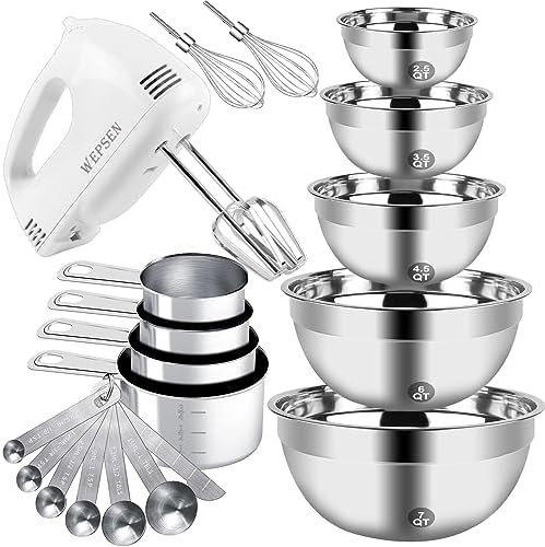 Hand Mixer Electric Mixing Bowls Set, 5 Speeds Handheld Mixer with 5 Nesting Stainless Steel Mixing Bowl, Measuring Cups and Spoons 200 Watt Kitchen Blender Whisk Beater Baking Supplies For Beginner