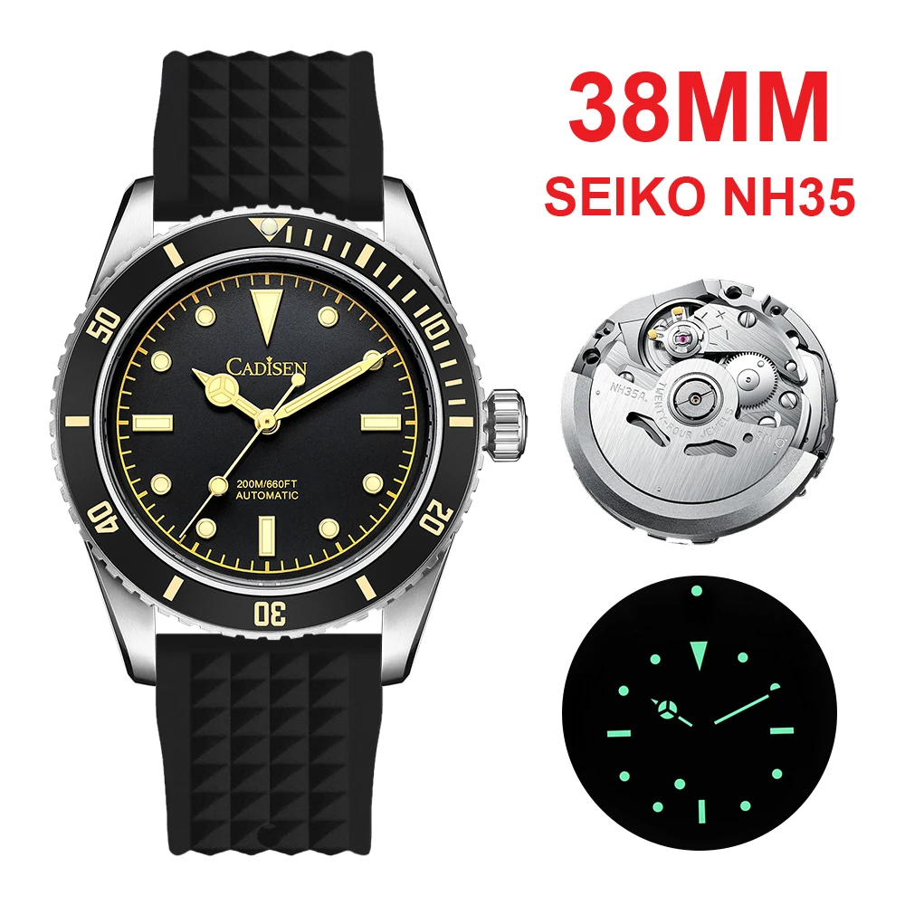 CADISEN 38MM Men’s Watch Rubber 200M Waterproof Japan NH35 Automatic Mechanical Watches Luminous Luxury Business Reloj Hombre