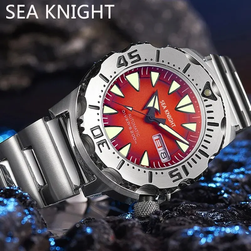 SEA KNIGHT Monster V2 Men Diver Watch Sapphire 200M Waterproof Red Dial Stainless Steel NH36 Automatic Mechanical Wristwatch