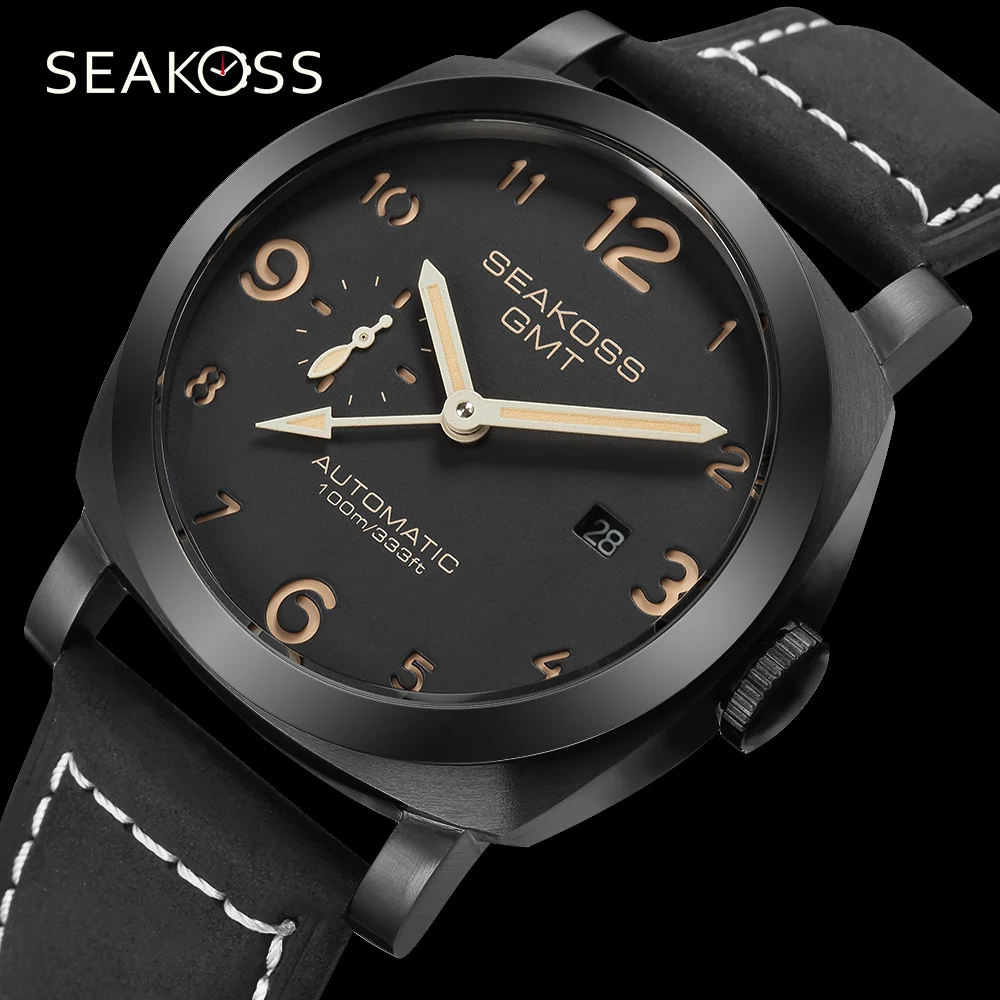 SEAKOSS 100m Diving Automatic Mechanical Watches 44mm Sapphire Calendar GMT Genuine Leather Strap Wristwatches Luminous Clock