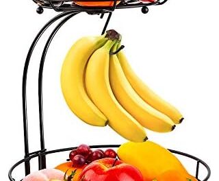 Auledio Iron 2-Tier Countertop Fruit Vegetables Basket Bowl Storage With Banana Hanger, Black, 64 ounces