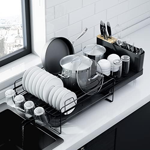 Kitsure Large Dish Drying Rack – Extendable Dish Rack, Multifunctional Dish Rack for Kitchen Counter, Anti-Rust Drying Dish Rack with Cutlery & Cup Holders 27″ L x 12.9″ W, Black