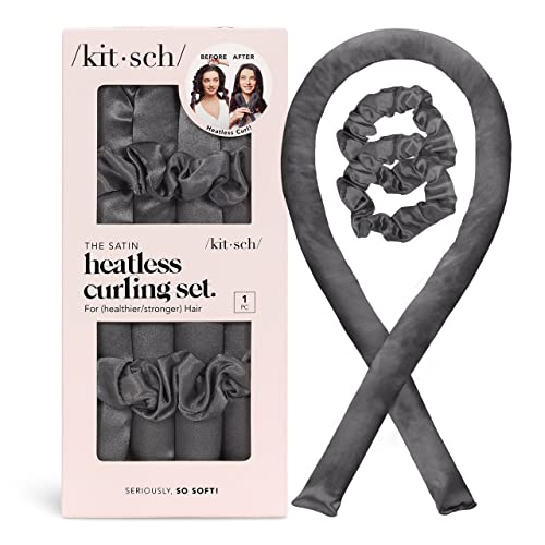 Kitsch Satin Heatless Curling Set – Hair Rollers for Heatless Curls | Heatless Hair Curlers for Overnight Curls | Hair Curlers to Sleep in | Heatless Curling Rod Headband | Heatless Curler – Charcoal