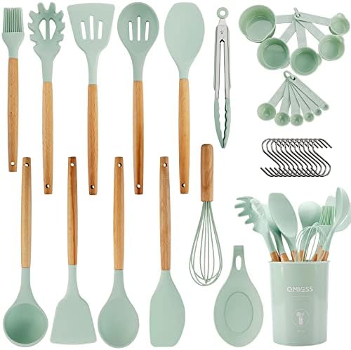 QMVESS Silicone Kitchen Utensils Set, 35 Pcs Non-Stick Cooking Utensils Set, Sturdy Insulation Wooden Handle Kitchen Accessories for Cooking with Spatula Set and Spoons Set Gadgets (Light Green)