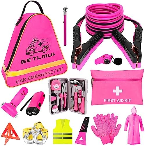 GETLMUL Pink Car Emergency Kit, Premium Roadside Emergency Car Accessories Kit with Jumper Cables, Flashlight, Shovel, Toolbox Set, etc Car Accessories for Women