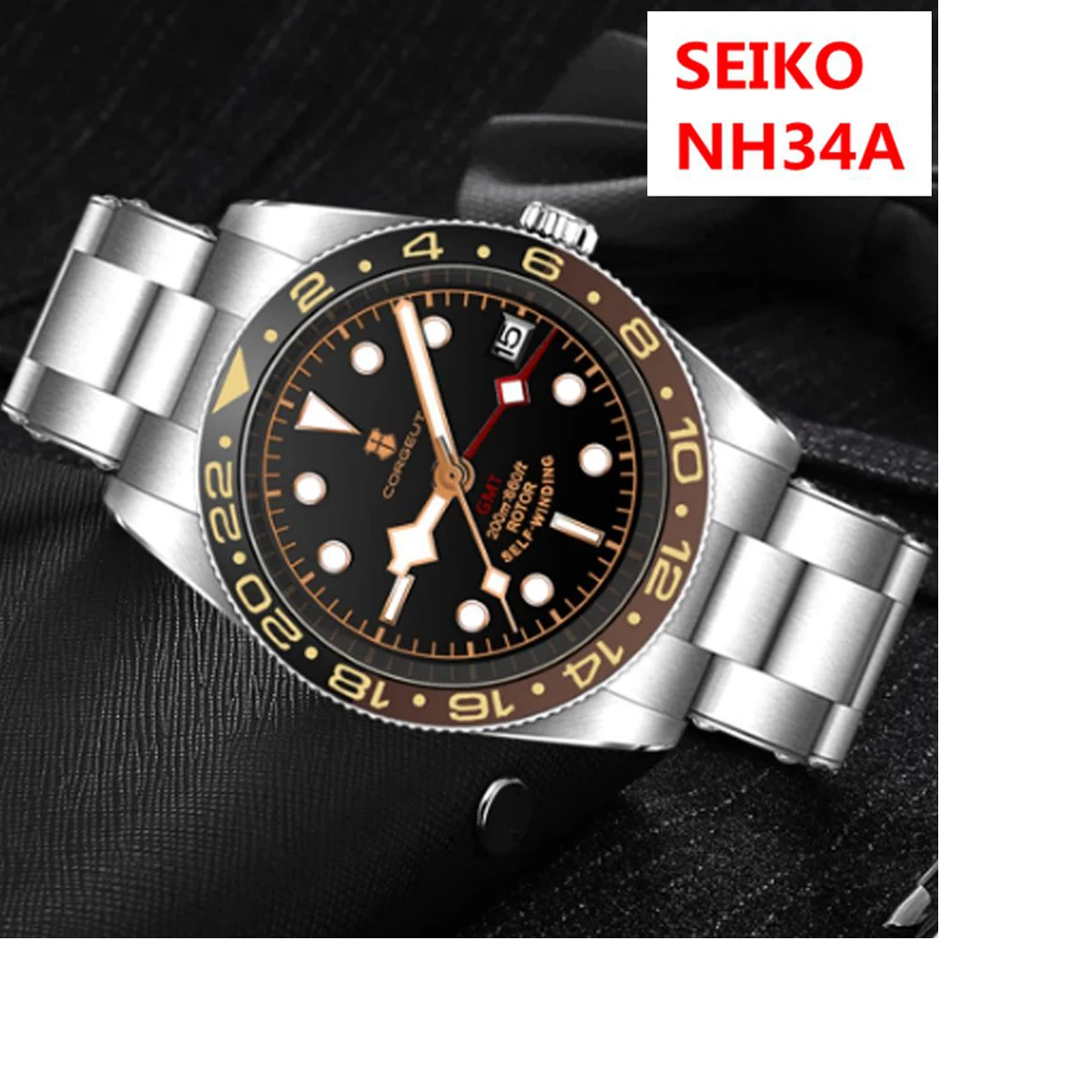 39MM CORGEUT NH34 GMT Watch Business Luxury Men Watches Sapphire Glass Automatic Mechanical Waterproof Diving Date Watch for Man