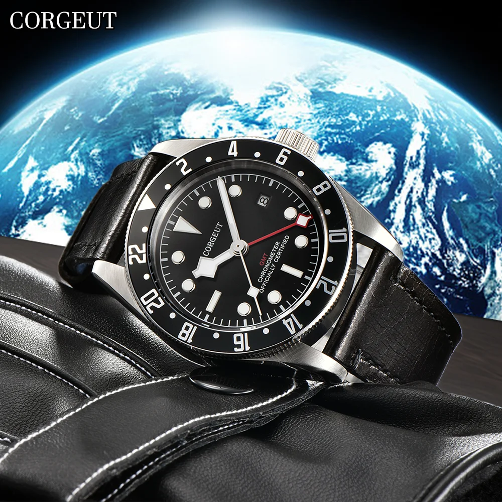 CORGEUT 41mm High Luxury Business Trip Men’s Watches GMT Automatic Mechanical Sapphire Glass Dual Time Zone Timing Watch for Man