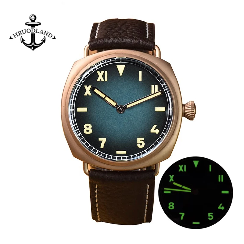 Hruodland 42mm Retro Quartz Watch Sapphire Crystal Gradient Dial Luminous 20Bar Waterproof Leather Strap Simple Men Wristwatches