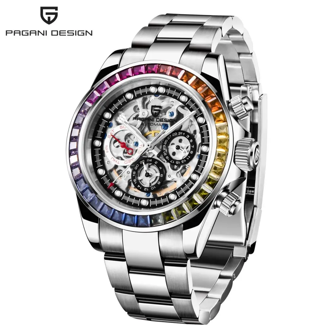 New Fashion Rainbow Bezel Men Mechanical Wristwatches Luxury Sapphire Glass Hollow Out Design Automatic Watch for Men