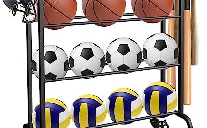 Ardier Ball Rack Organizer with Wheels, 4Tier-Rolling Basketball Racks Holder for Balls, Sports Equipment Storage Stand Organizer for Basketball, Football, Soccer and Volleyball, Black