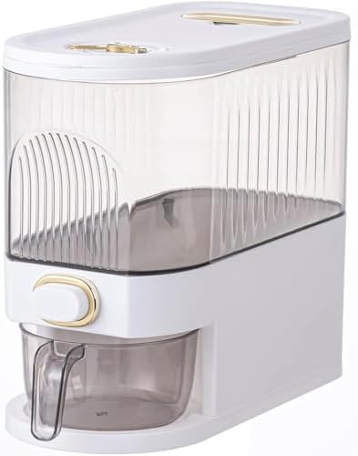 Sooyee 11Lbs Rice Dispenser, Large Grain Container Storage with Lid Measuring Cylinder Moisture Proof Household Cereal Dispenser Bucket for Kitchen Soybean Corn,Clear and White