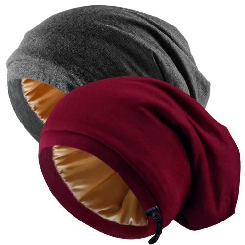 Silk Satin Bonnet Hair Wrap for Sleeping, 2 Pcs Adjustable Silk Bonnets for Women Men Sleep Cap Silk Lined Slouchy with Adjustable Strap Curly Hair Head Scarf Night Caps