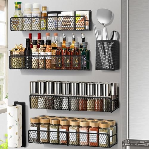 Magnetic Spice Rack, Refrigerator Organizer, 6 Pack Metal Black Magnetic Shelf with Paper Towel Holder, Utensils Holder, Strong Magnets, Space Saving