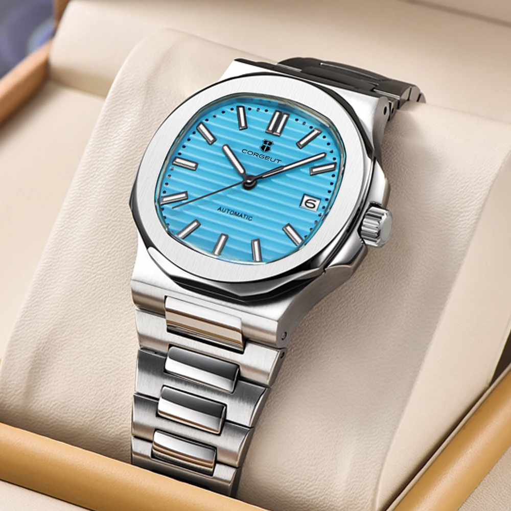 Corgeut NH35A Dress Square SkyBlue Automatic Men Watch Turquoise Green Dial Sapphire Luminous index Solid Glass Back